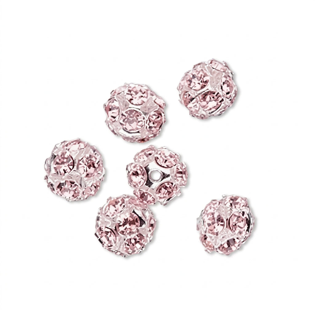 Pink Crystal Imitation Rhodium Plated Brass Round Beads, 8mm - 6 pcs