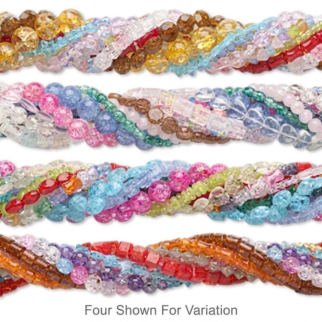 Four braided beaded strands shown on a white background, labeled 'Four Shown For Variation' at the bottom. The beads come in multiple colors and patterns, including translucent clear, yellow, brown, pink, blue, green, red, and purple.