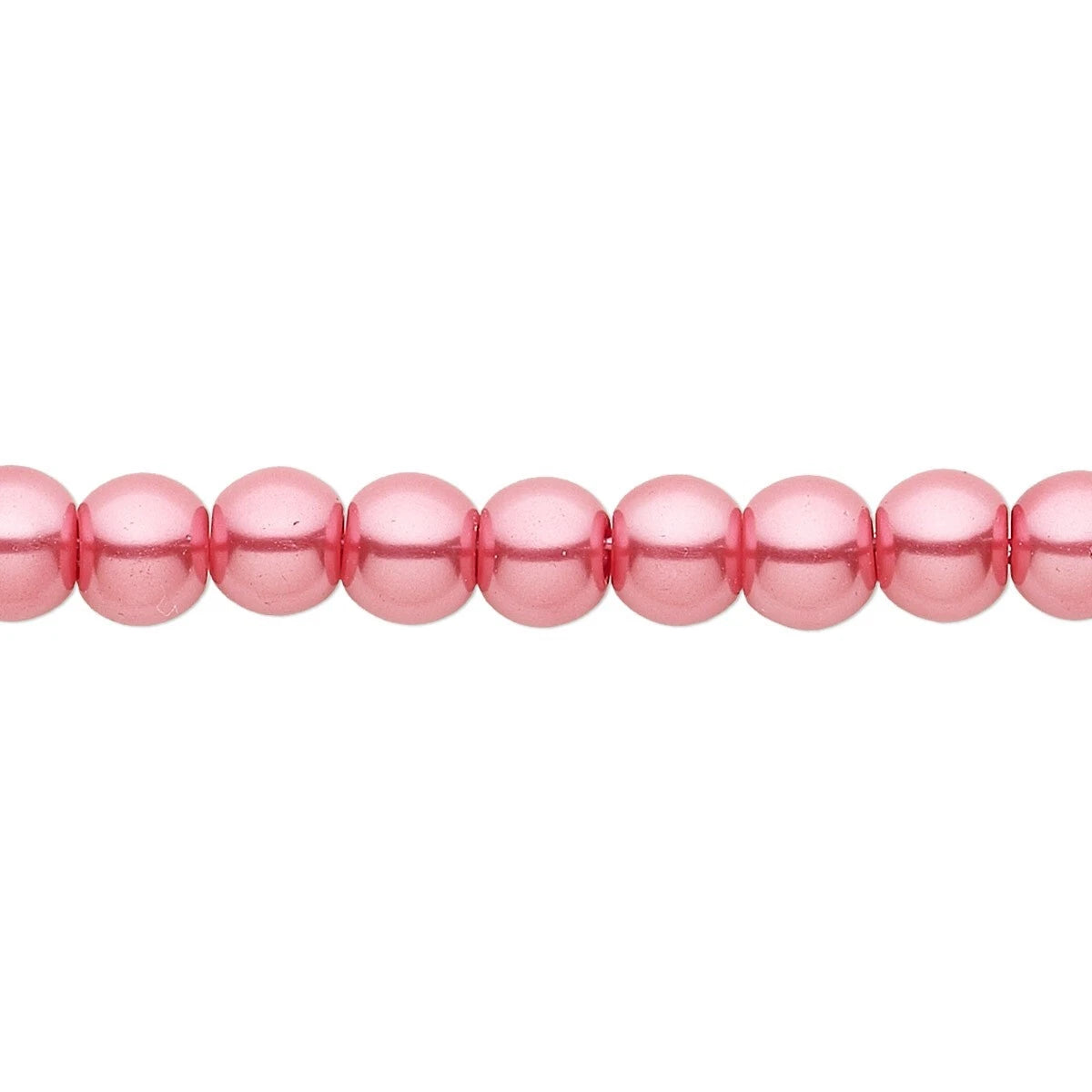 A close-up horizontal line of glossy, metallic pink round beads on a plain white background.