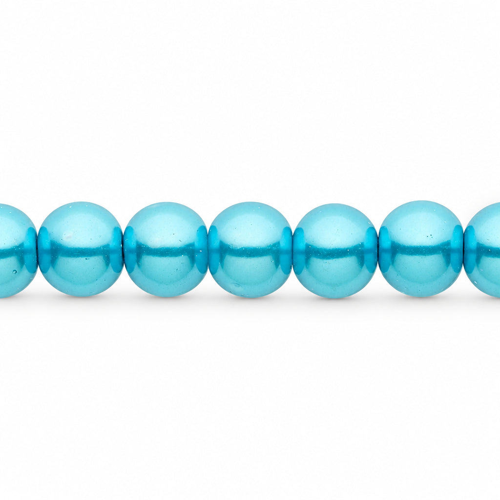 A close-up horizontal line of glossy, blue beads on a plain white background.