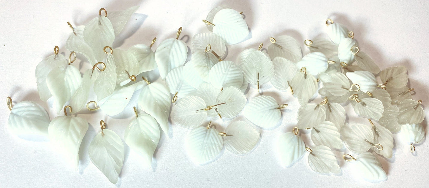 Frosted Clear & Opaque White Pressed Glass Double-Sided Leaf Charms — 54 pcs — Final Stock