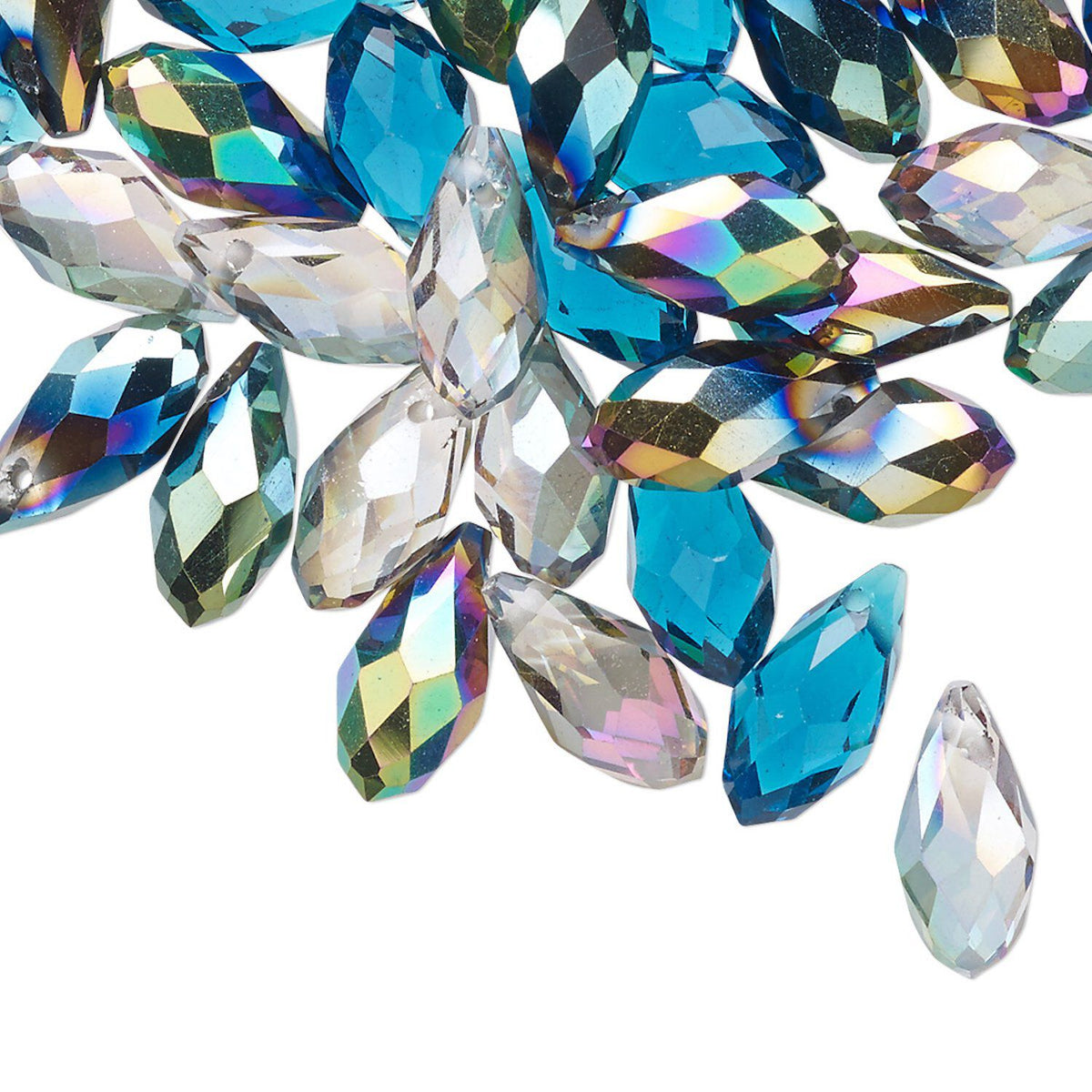 Ocean Mix Faceted Glass Crystal Briolette Teardrop Beads, 12x6mm - 40 pcs