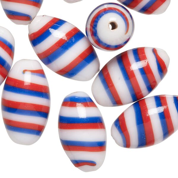 Lampwork Glass Oval Beads, Red White & Blue, 20x11mm, 10 pcs