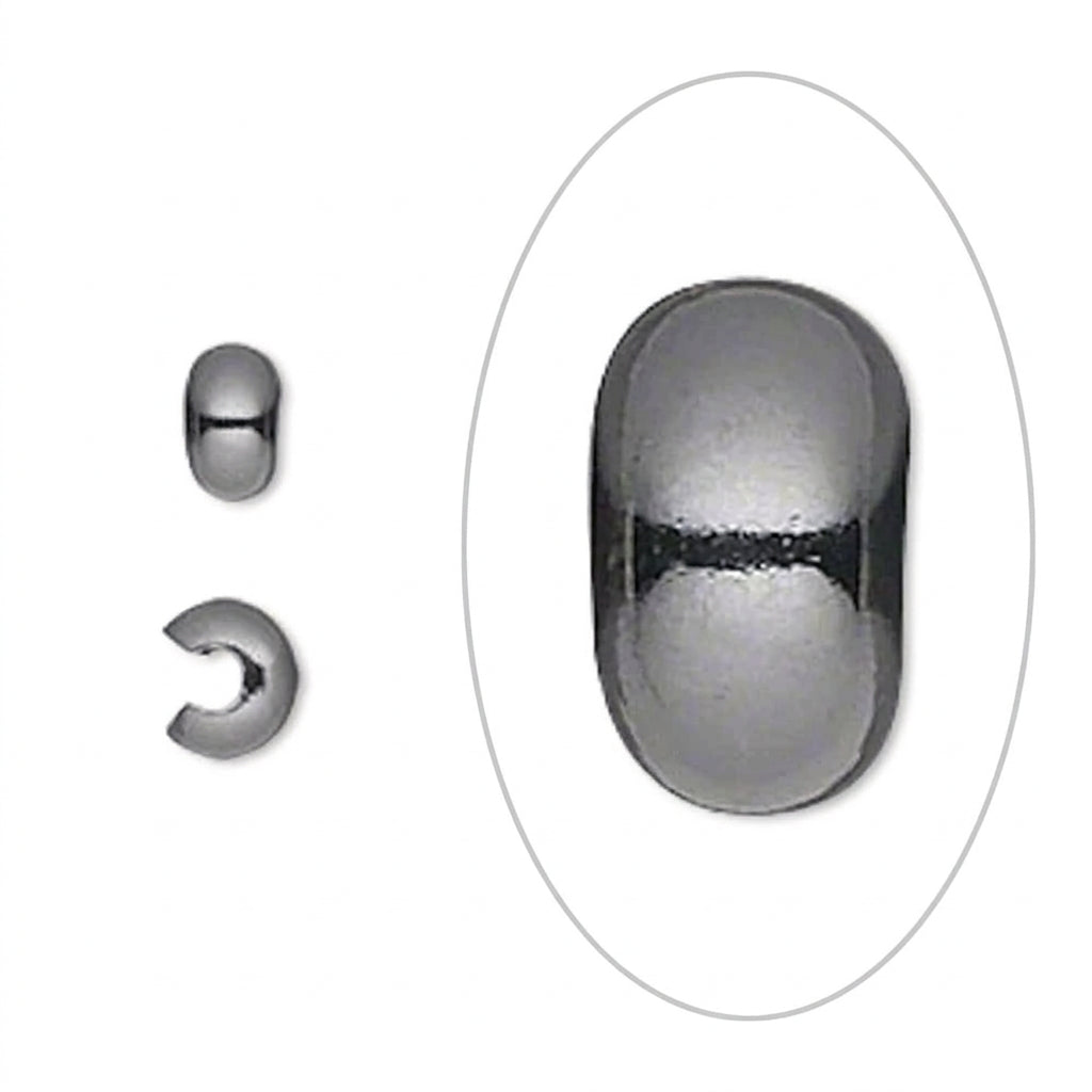 A polished silver-toned metal bead shown on a white background, with two smaller inset views of the same bead: one whole and one cropped to show the open end. The main bead is highlighted by a large oval outline.