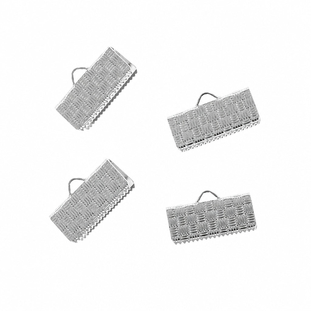 Four silver rectangular metal charms with a woven basket pattern and a small hanging loop, shown on a plain white background.