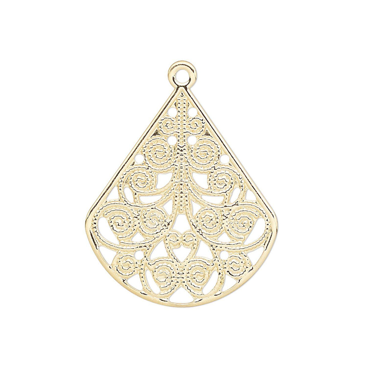 A teardrop-shaped gold filigree pendant charm with an intricate openwork floral pattern and a top loop, shown on a plain white background.