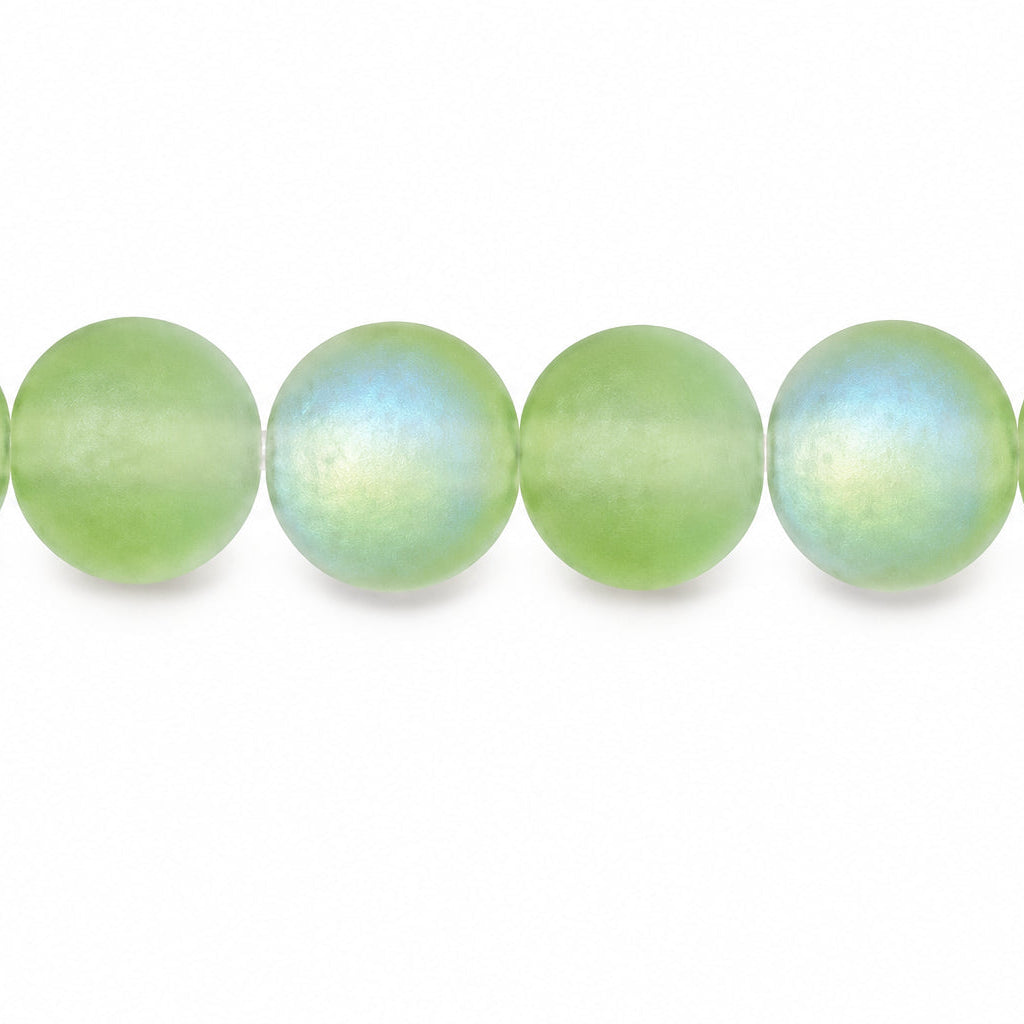 Six round, light green beads with a subtle iridescent sheen, arranged in a horizontal line against a plain white background.