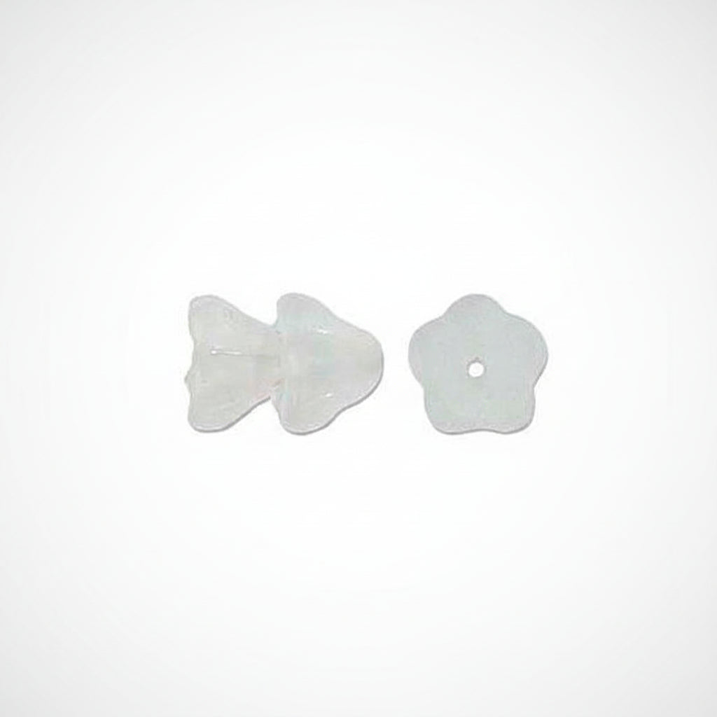 Two small translucent white decorative beads or charms on a plain white background: one fish-shaped and one flower-shaped with a central hole.