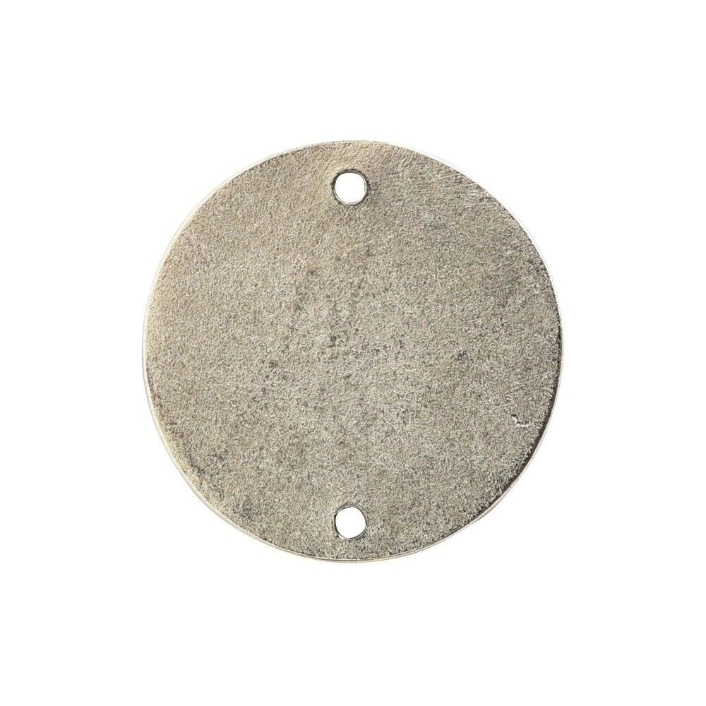 A round, textured gray metal disc with two pre-drilled holes, one at the top and one at the bottom, shown on a plain white background.