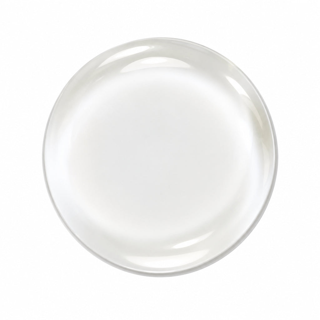 A single round, translucent white glass cabochon with a smooth, glossy finish, shown from a top-down perspective on a solid white background.