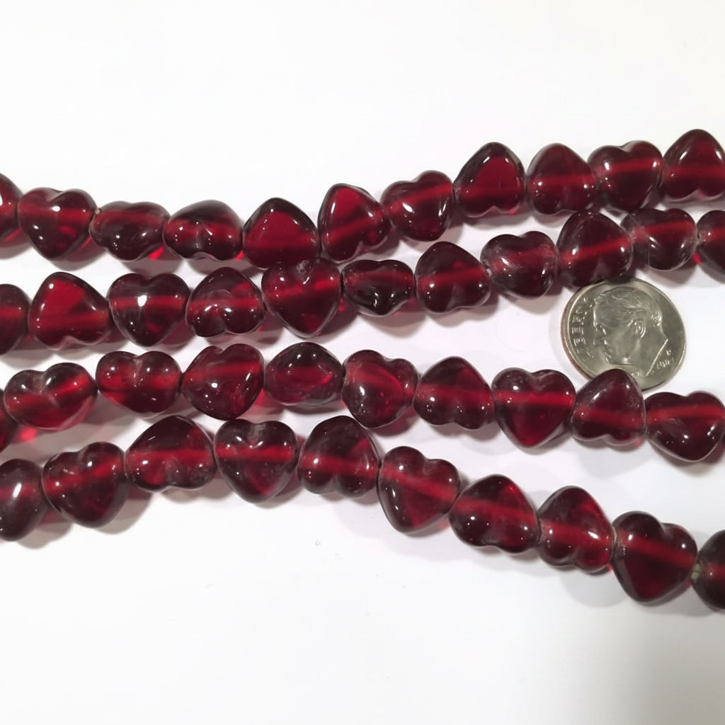 Glass Translucent Red Side Drilled Heart Beads 11x11mm — 2 Strands (80+ pcs)