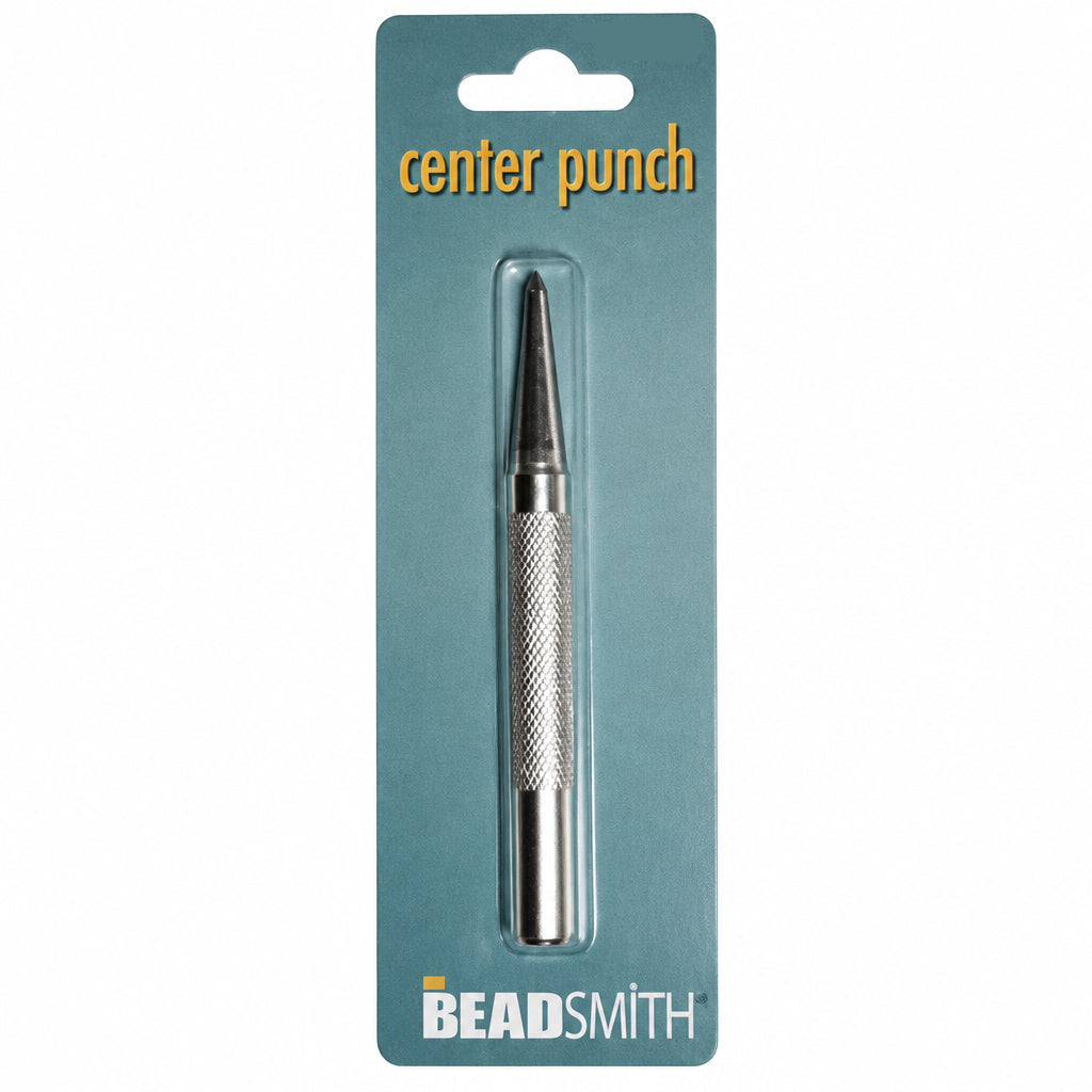 A silver metal center punch tool in its original blue-green retail blister packaging, branded BEAD SMITH.