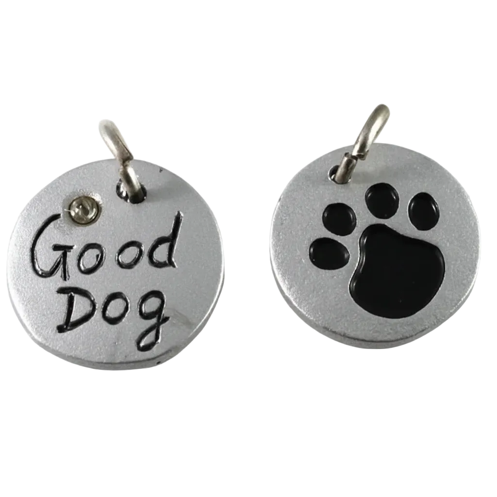 Two round silver metal dog name tags or charms on a white background, one engraved with 'Good Dog' and the other with a black paw print. A coin is partially visible at the bottom for scale.