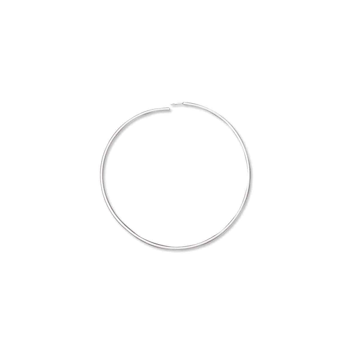 A thin, polished silver-tone hoop earring with a small gap at the top, shown on a plain white background.