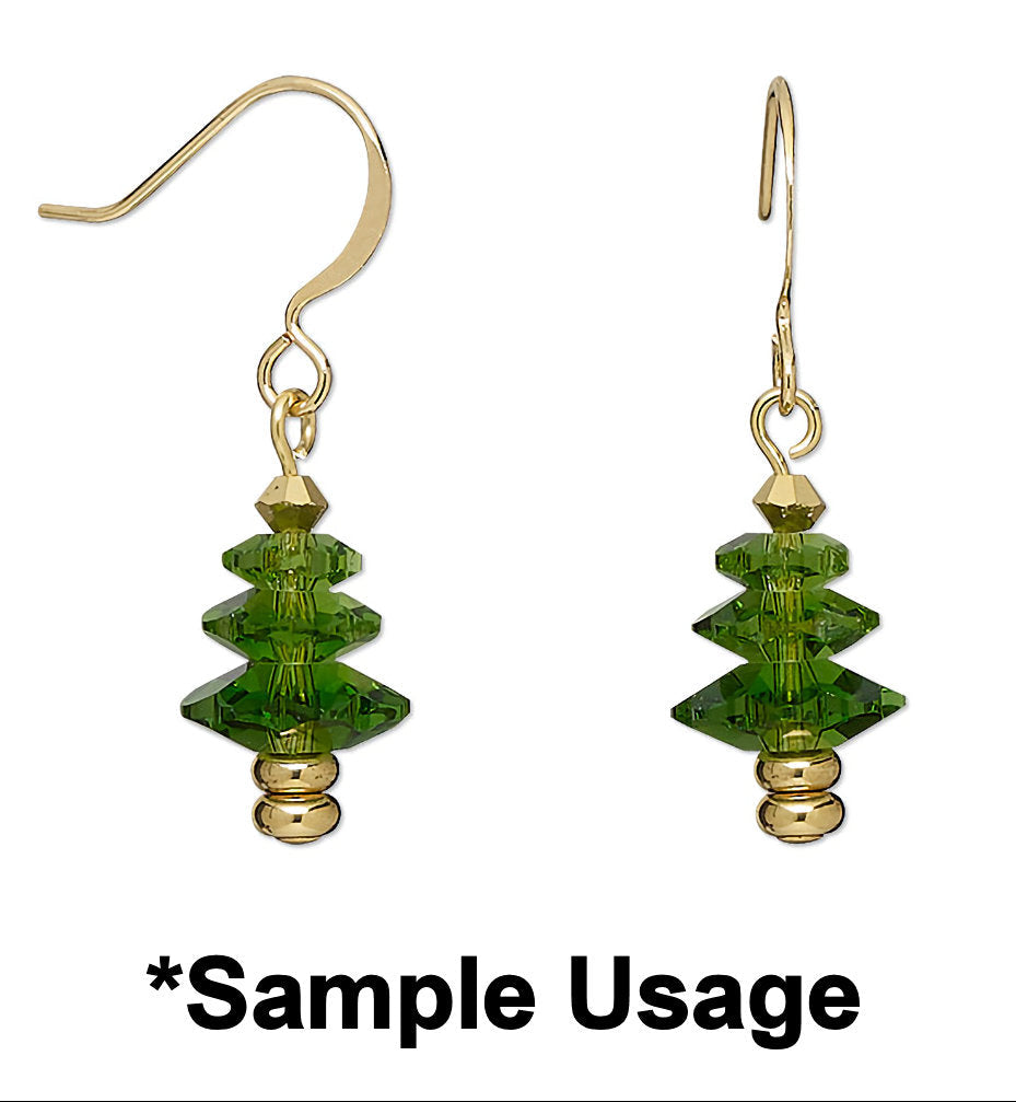 A pair of gold-tone dangle earrings with faceted green crystal beads stacked in a tiered tree shape, shown on a white background with the text '*Sample Usage' below.