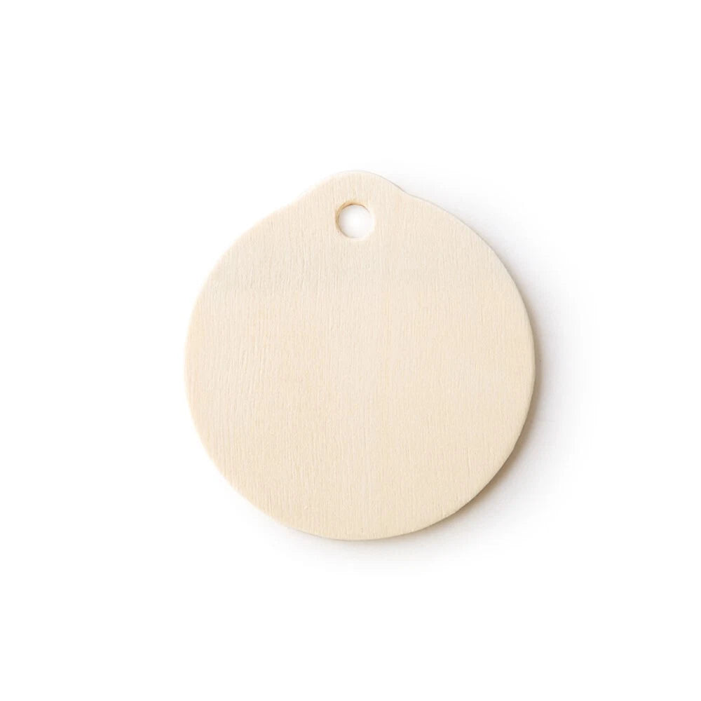 A blank, unfinished round wooden tag with a small hole at the top, shown on a clean white background.