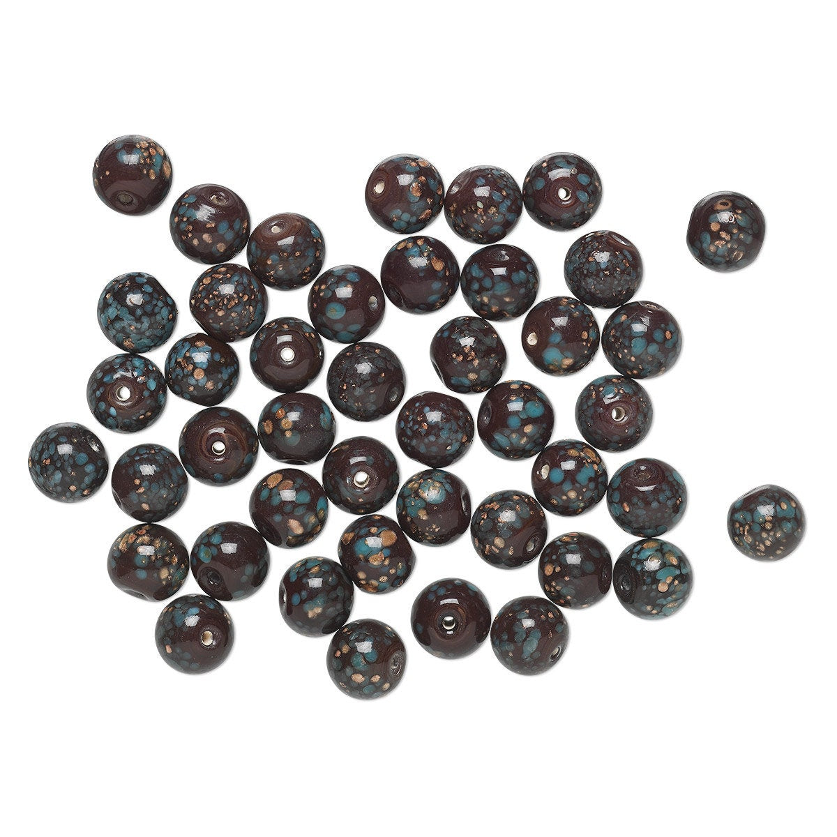 Brown Turquoise & Copper Glitter Lampwork Glass Round Beads 12mm — 50 pcs