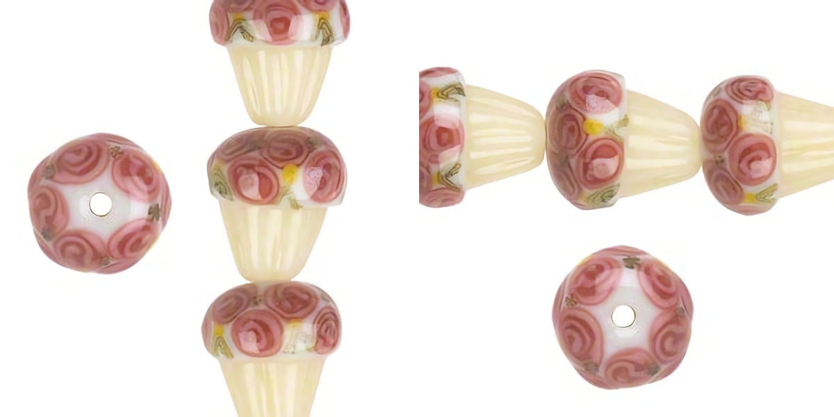 Lampworked Glass Cupcake Beads: Roses on Frosting, Opaque White/Cream/Pink/Green (12 pc) — Final Stock