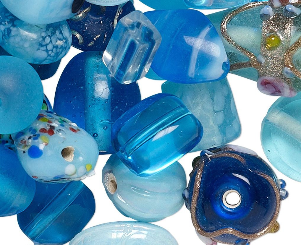 Lampwork Glass Ocean Blue Bead Mix 100g (60-100 beads)