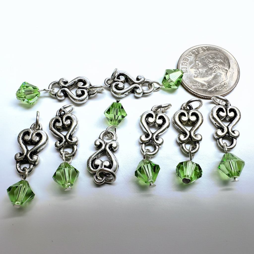Antiqued Silver Pewter Heart Dangles with Peridot Green Swarovski Crystal, 8 pcs