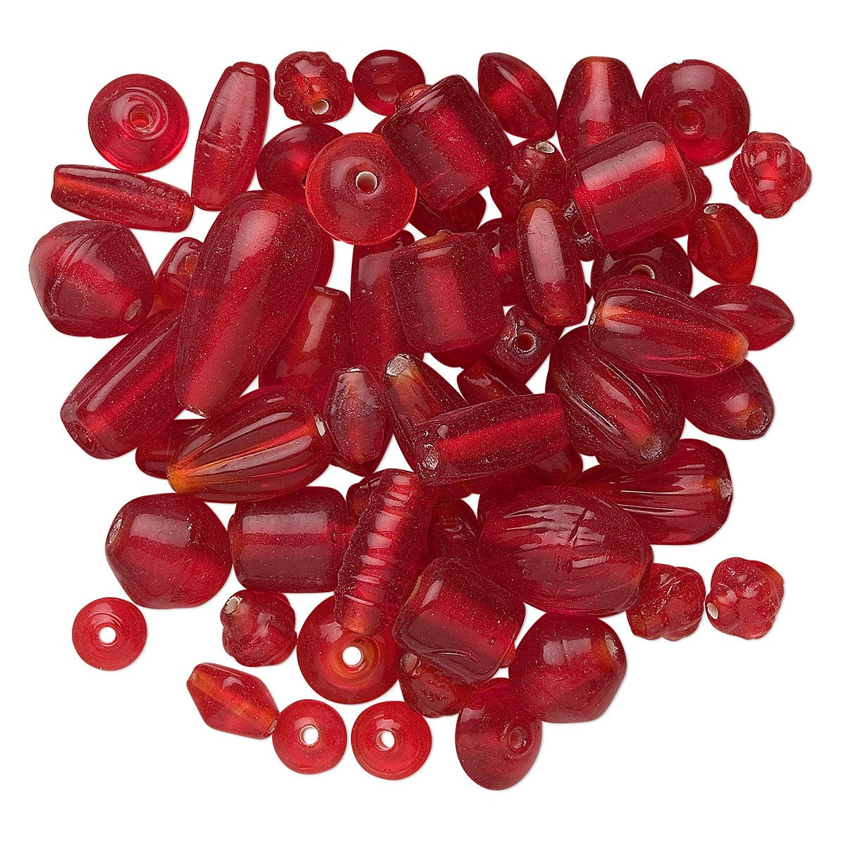 India Pressed Glass Bead Mix, Transparent Red, Assorted Shapes, 50g