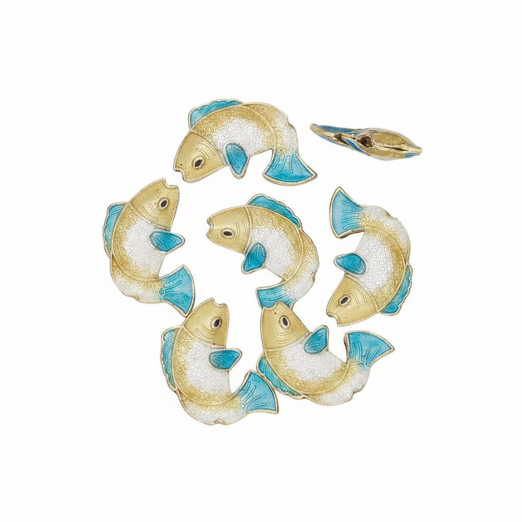 Gold Finished Brass & Enamel Blue Cloisonné Fish Beads 18x14x4mm — 6 pcs