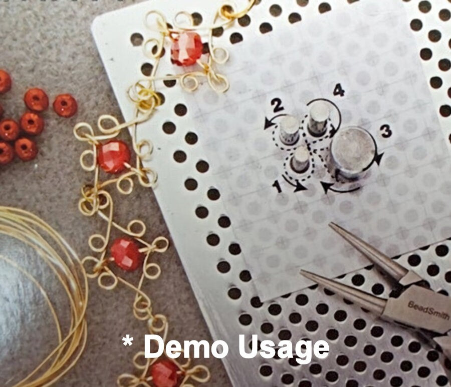Jewelry-making tools and materials on a perforated mat with 'Demo Usage' text.