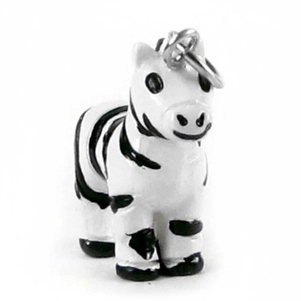 A small zebra figurine charm with black and white stripes, featuring a silver metal keyring at the top, set against a plain white background.