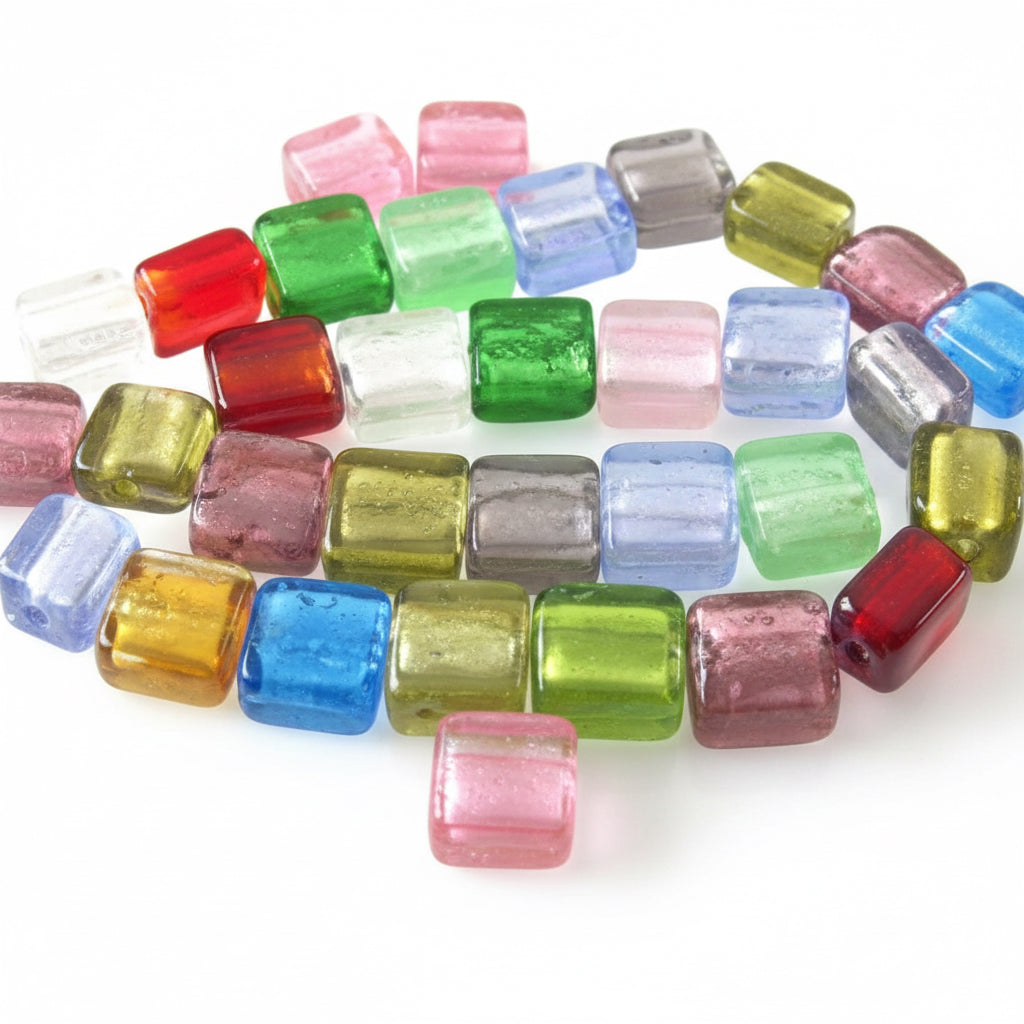 Lampwork Foil-Lined Glass Square Beads, Assorted, 12x12mm, 10 or 30 pcs