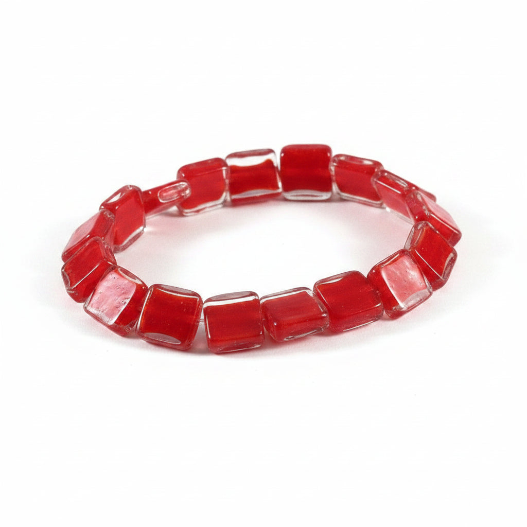 Lampworked Glass Red & Clear Square Beads, 15-16mm, 1 Strand (approx. 25-27)