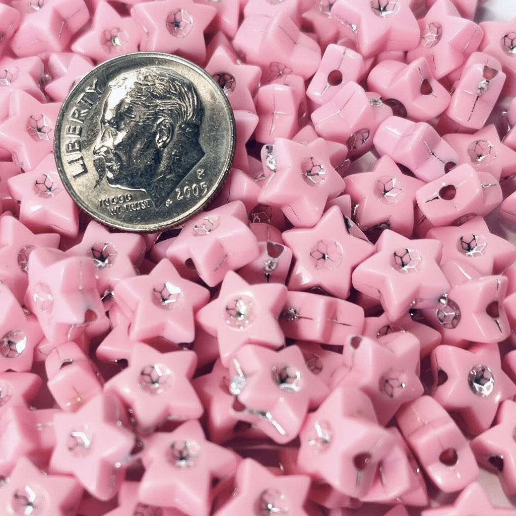 Acrylic Pink Star Beads, 8x8mm, Opaque, 50g