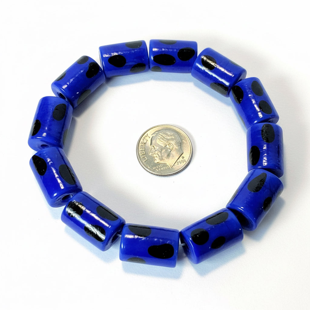 Lampwork Glass Blue & Black Polka Dot Tube Beads 16x10mm — 1 Strand