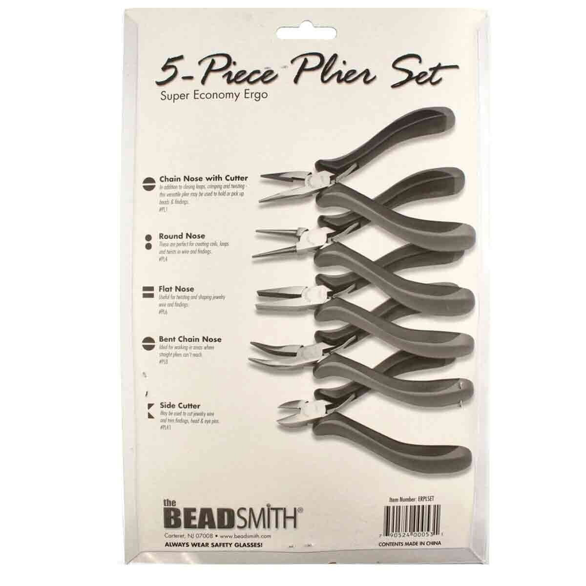5-Piece Ergonomic Pliers Set, Bent Chain Nose, Flat Nose, Round Nose, Chain Nose & Side Cutter