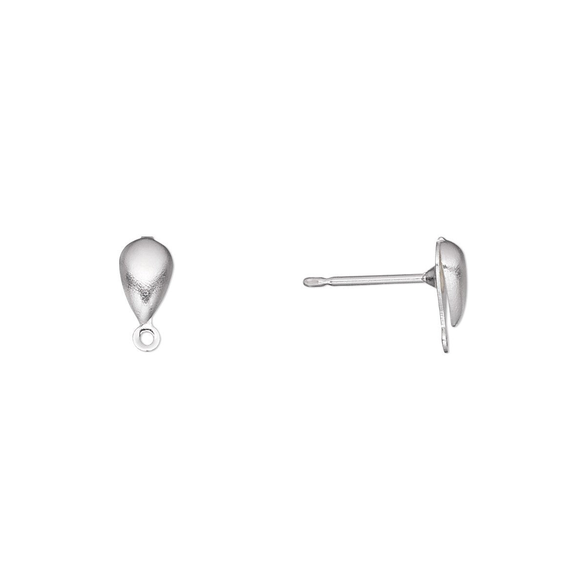 A pair of silver teardrop stud earrings, one shown from the front with a small hanging loop and the other from the side displaying the post and flat back, on a plain white background.