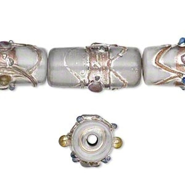 Lampwork Glass 22x11mm Tube Beads, White with Metallic Accent, 12 pcs