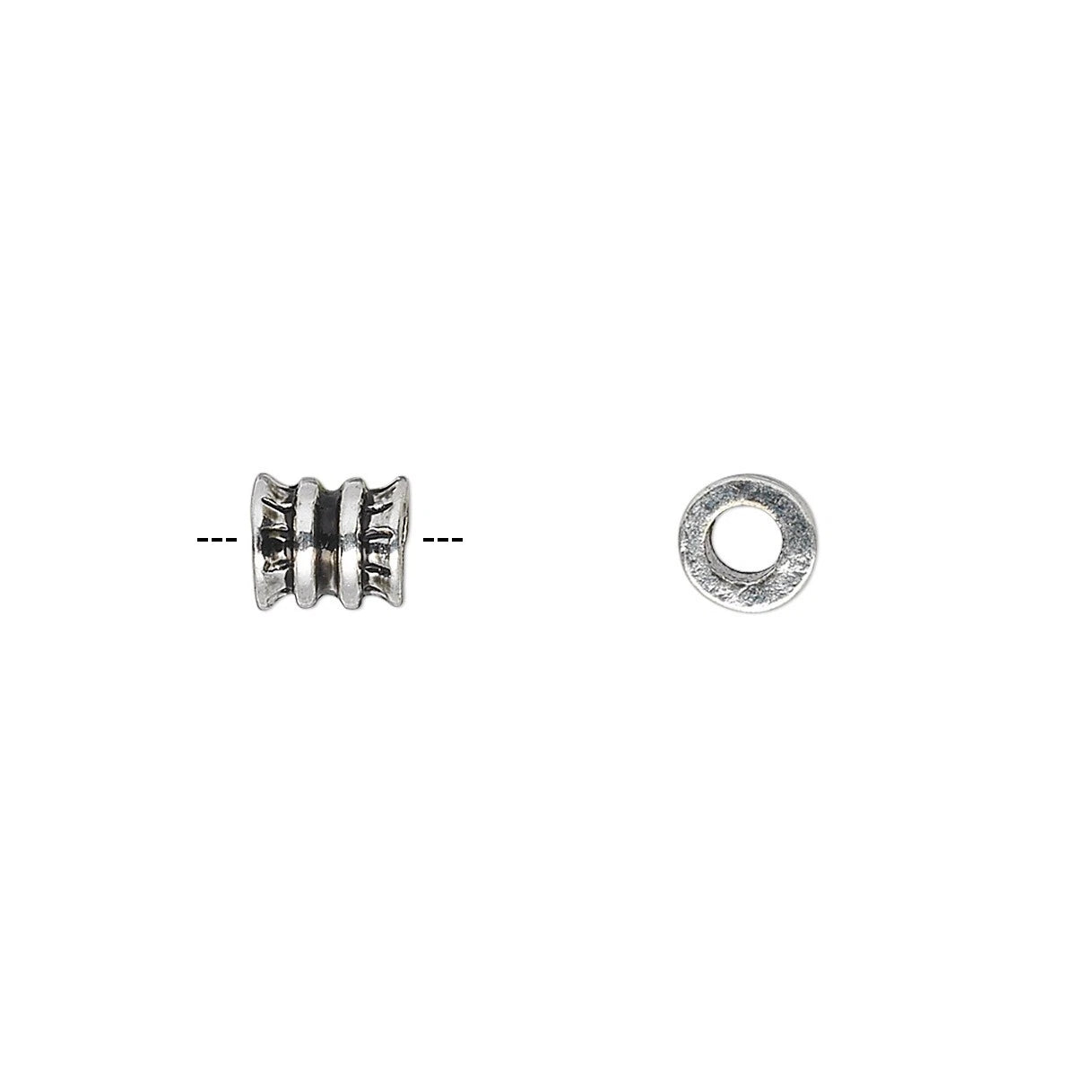 A silver-toned metal spacers bead shown from two angles: a side view with a dashed line indicating its width, and a top-down circular view, on a plain white background.