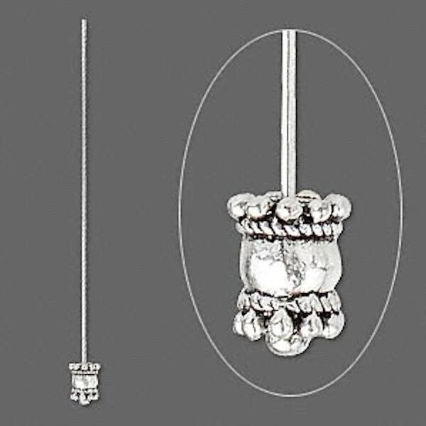 Antiqued Silver Pewter Beaded Fancy Head Pins with Loop, 3-3.5 inch, 18 Gauge, 4 pcs