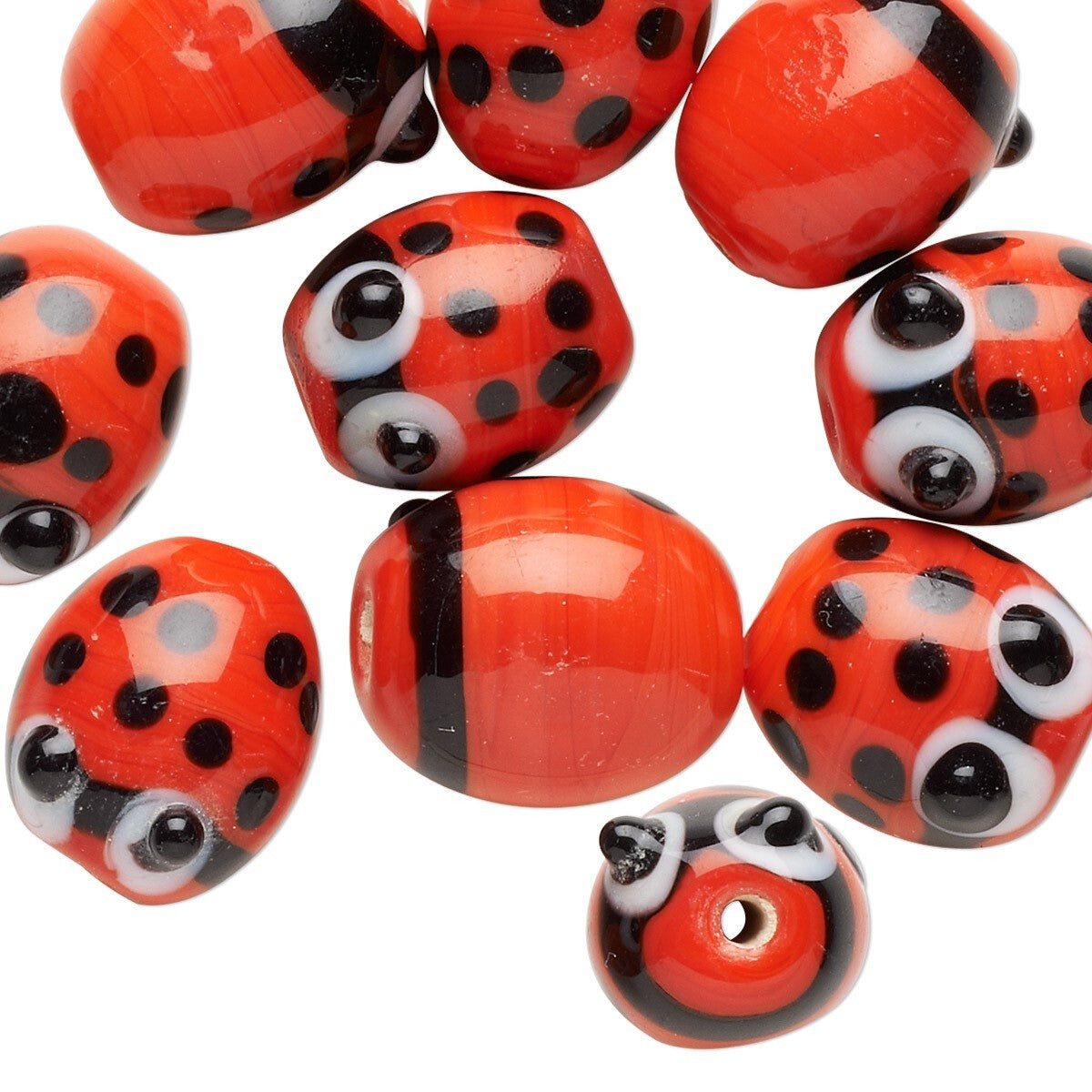 Lampwork Glass Red & Black Ladybug 14x13mm Beads, 10 pcs