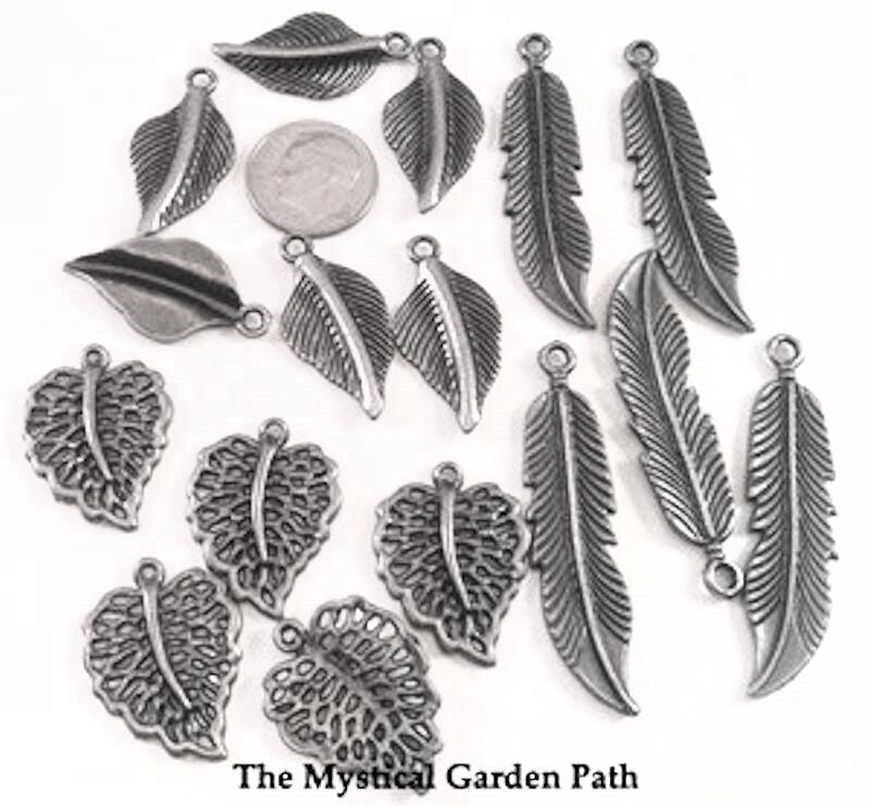 Antiqued Silver Pewter Assorted Leaf & Feather Charms, 15 pcs