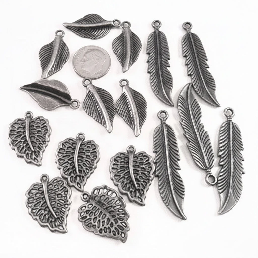 Antiqued Silver Pewter Assorted Leaf & Feather Charms, 15 pcs