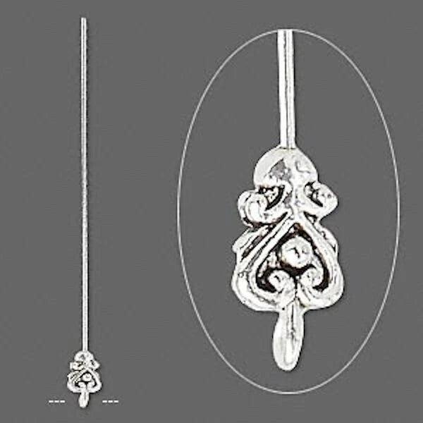 Antiqued Silver Pewter Heart Head Pins with Loop, 3-3.5 inch, 18 Gauge, 4 pcs
