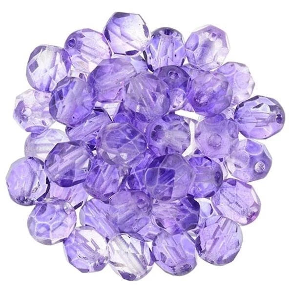 Czech Transparent Blue Violet Fire Polished Round Beads, 6mm (50)