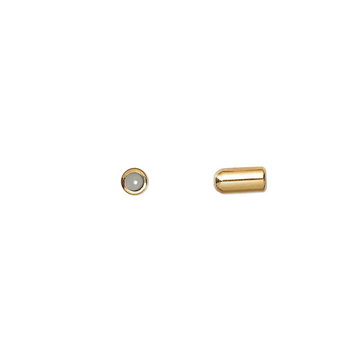 A pair of gold-toned stud earrings on a plain white background, featuring one round stud with a white pearl and one cylindrical capsule stud.