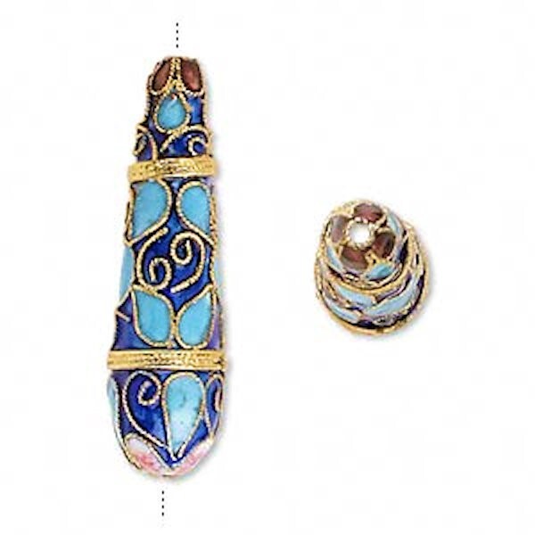 Blue Cloisonné Long Teardrop Beads 11x40mm, 2 pcs