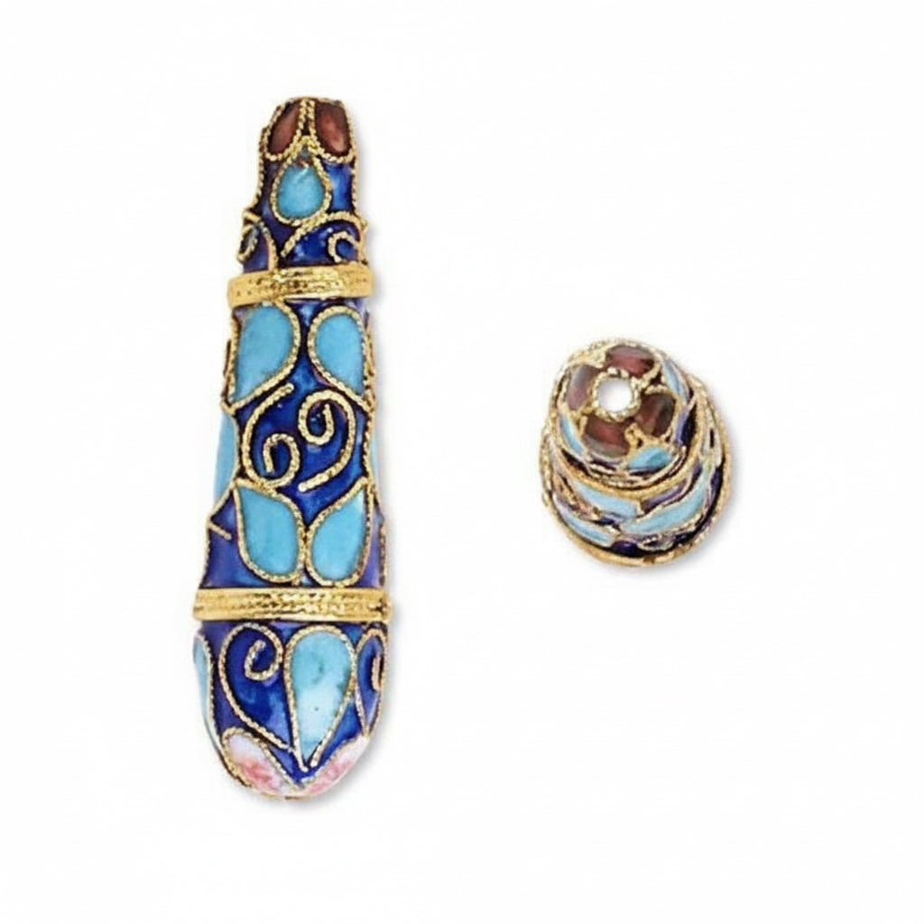 Blue Cloisonné Long Teardrop Beads 11x40mm, 2 pcs
