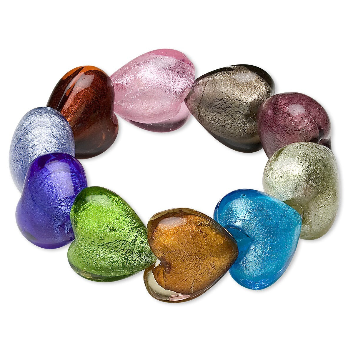 Lampwork Glass 20x19x12mm Puffed Heart Beads, Multi-Color with Silver Foil, 10 pcs