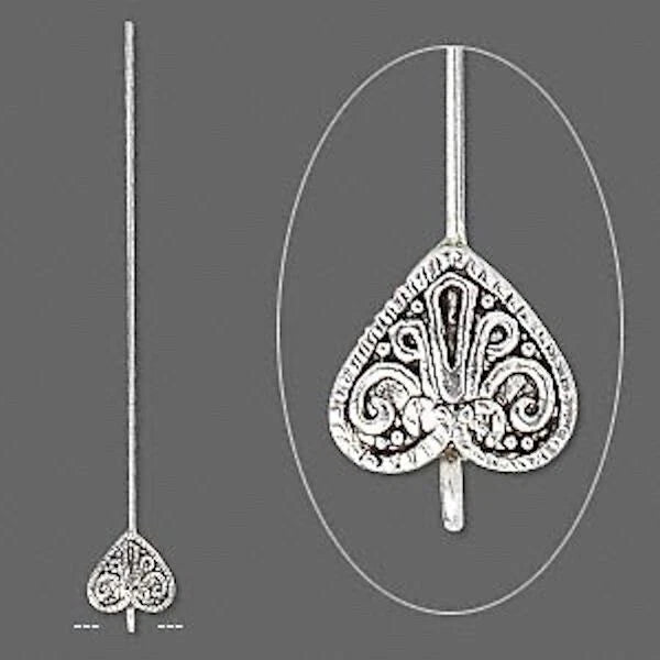 Antiqued Silver Pewter Heart Head Pins with Loop, 3-3.5 inch, 18 Gauge, 4 pcs