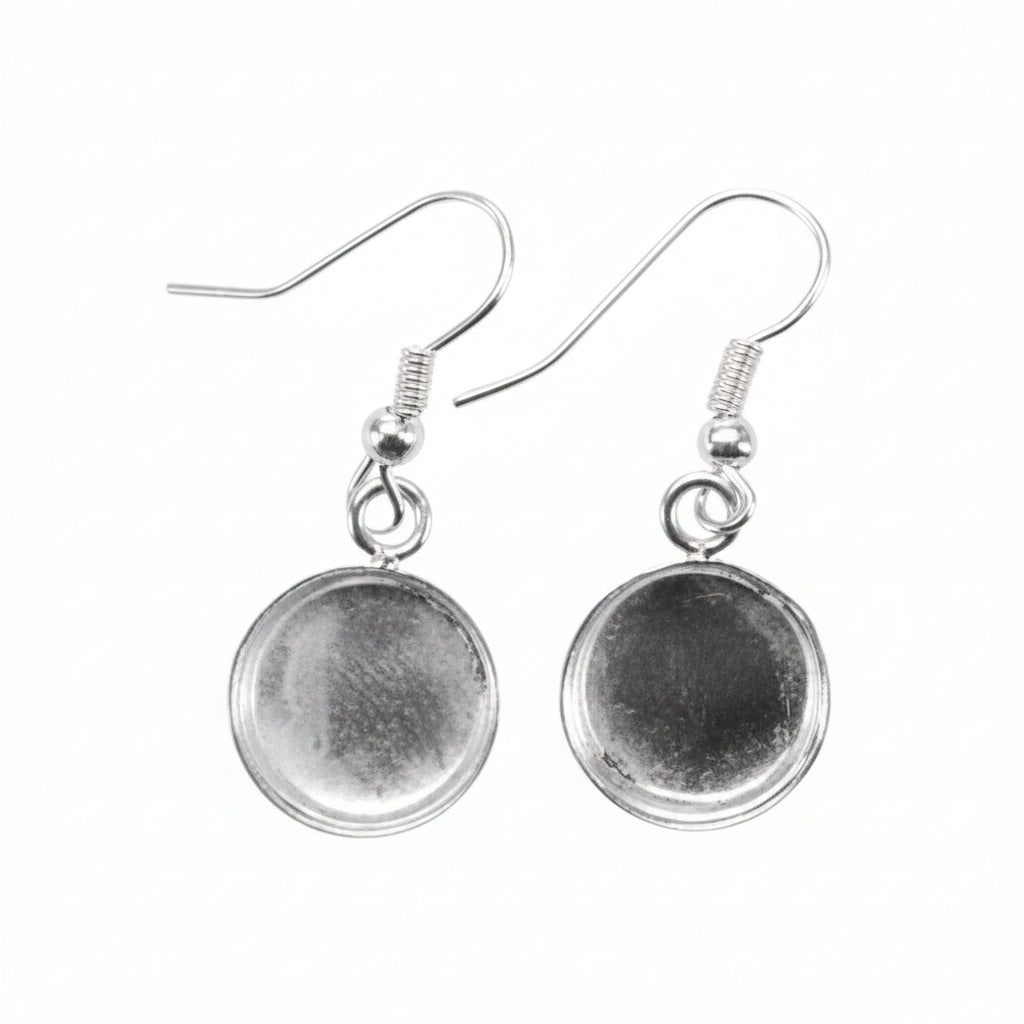 Silver Plated 13mm Circle Dangle Earring Mounts with Fishhook Ear Wires, 1 Pair