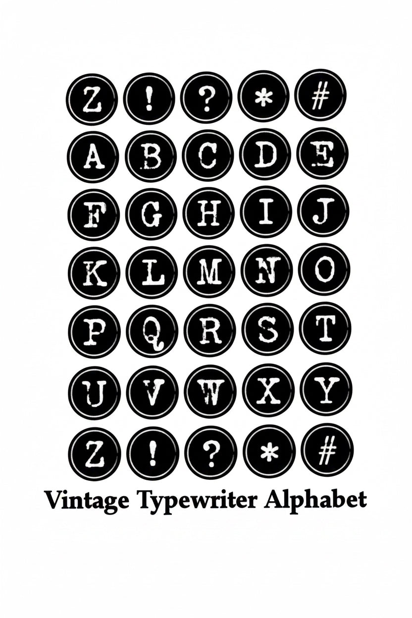 A typewriter-style alphabet sheet featuring black oval letters with white lettering, including uppercase letters A through Z, punctuation marks like exclamation marks, question marks, asterisks, and hashes, plus the text 'Vintage Typewriter Alphabet' below.