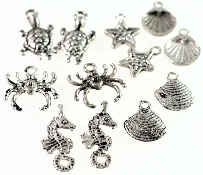 Antiqued Silver-Plated Pewter Seashore Charm Mix, 12-17mm, 12 pcs